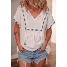 White Colorful Fringed Detail Tassel Tie Neck Short Sleeve Blouse
