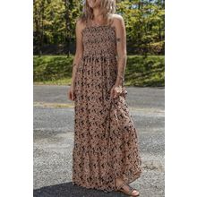 Brown Floral Smocked Bodice High Waist Flowy Sun Dress