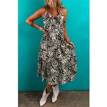Khaki Tropical Palm Print Wrapped V Neck Spaghetti Straps Tiered Dress