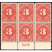 J63 Mint VF-XF NH 3¢ Plate Block of Six Stamps Cat $275.00 - Stuart Katz