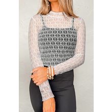 Beige Sheer Mesh Patterned Lettuce Trim Slim Long Sleeve Top