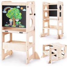 4-In-1 Toddler Kitchen Step Stool, Foldable Learning Standing Tower with Blackbo