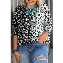Black Plus Size Contrast Leopard Half Sleeve Blouse