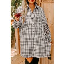 White Stripe Plus Size Plaid Buttoned Raw Hem Tunic Shirt Dress