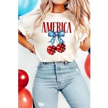 White AMERICA Bow Cherry Print Crewneck T Shirt