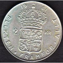 1961 Sweden 2 Kronor Silver Coin