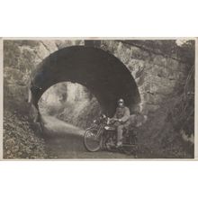 Old Bike Rider Helmet Under Bridge Antique Motorcycle Postcard