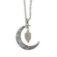 Antique Silver Owl & Moon Pendant Necklace