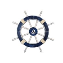 Rustic Dark Blue Decorative Ship Wheel with Sailboat 18""