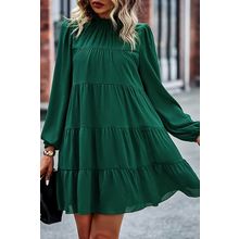 Green Puff Sleeve Mock Neck Back Knot Tiered Dress