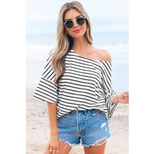 Black Stripe Half Sleeve Scoop Neck Loose Top