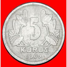 Ⰶ ERROR CRESCENT AND STAR 1935-1943: TURKEY★5 KURUSHES 1939★LOW START★NO RESERVE