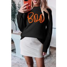 Black Boo Knitted Pattern Ribbed Edge Drop Shoulder Sweater