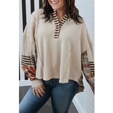 Parchment Plus Size Waffle Colorblock Striped Plaid Patchwork Half Button Pullov