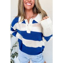 Blue Stripe Colorblock Polo Collar Eyelet Crochet Knitted Sweater