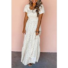 White Frilly Shirred Bodice Tiered Floral Maxi Dress