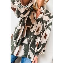 Four Leaf Clover Abstract Floral Print Puff Sleeve Half Button Blouse