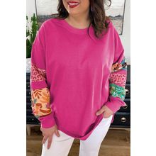 Rose Red Plus Size Printed Patchwork Sleeve Split Sweatshirt