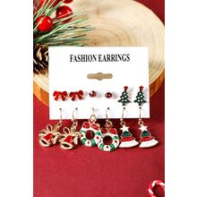 Racing Red 6 Pairs/Set Christmas Tree Wreath Bell Bow Knot Earring Set
