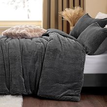 Fluffy Queen Comforter Set - Furry Grey Leaves Pattern Faux Fur Bed Set, Winter
