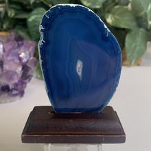 Blue Agate Crystal Druzy Slab Slice Polished Geode Standing Decor On Wood Stand
