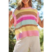 Pink Stripe Crochet Cap Sleeve Loose Fit Sweater T Shirt