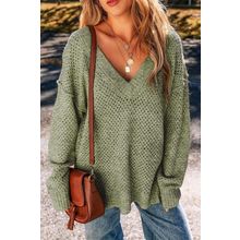 Jungle Green Loose Eyelet V Neck Drop Shoulder Sweater