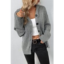 Medium Grey Drawstring Hooded Button Up Drop Shoulder Sweater Cardigan