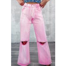Pink High Waist Rhinestone Cutout Wide Leg Jeans