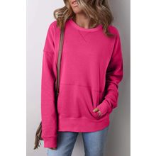 Rose Red Drop Shoulder Crisscross Stitching Pocketed Loose Sweatshirt