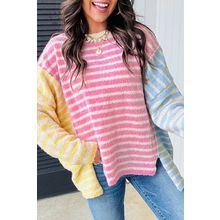 Multicolour Color Block Striped Patchwork Dolman Sleeve Slit Sweater