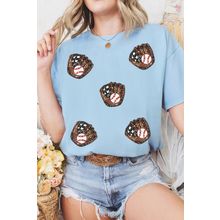 Light Blue Gopher Ball Sequin Patched Casual T Shirt