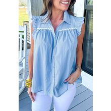 Sky Blue Ric Rac Trim Frilly Sleeveless Shirt