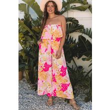 Multicolour Floral Print Ruffled High Waist Tube Top Loose Jumpsuit
