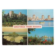 GREETINGS FROM RHODES multi-view used postcard 1985 postmark #