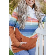 Brown Striped Colorblock Pocketed Hoodie