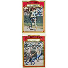 VIDA BLUE & BUD HARRELSON AUTO 1972 (IN ACTION) A'S & METS HOF WORLD CHAMPIONS