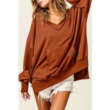 Chestnut V Neck Kangaroo Pocket Oversized Hoodie