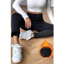 Black Solid Drawstring Waist Thermal Lined Leggings