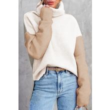 White Color Block Turtle Neck Drop Shoulder Knit Sweater