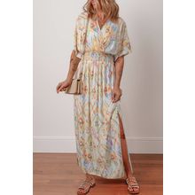 Multicolour Geometric Print Half Sleeve Shirred High Waist Maxi Dress