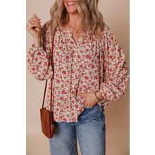 Red Floral Print Pleated Detail Notched Neck Puff Sleeve Blouse