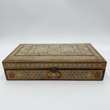 1950 Middle East Marquetry Mosaic Wood Inlaid Pearl Box Backgammon Inside