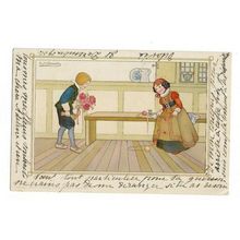 M Sowerby Postcard. Boy Gives Flowers To Lady.