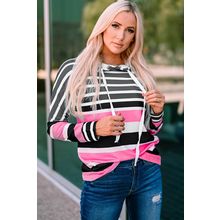 Rose Multi Striped Drawstring Long Sleeve Hoodie