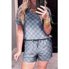 Gray Checkered V Neck Tee Drawstring Shorts Lounge Set