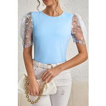 Beau Blue Floral Mesh Puff Sleeve Crew Neck Top
