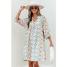 Green Geometric Floral Print 3/4 Sleeve Notched Neck Mini Dress