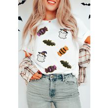 White Sequined Halloween Spirit Pattern Patched Custom Casual Tee