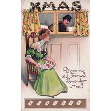 Lady Waiting For Lovers Letter Old Postman Xmas London Postcard